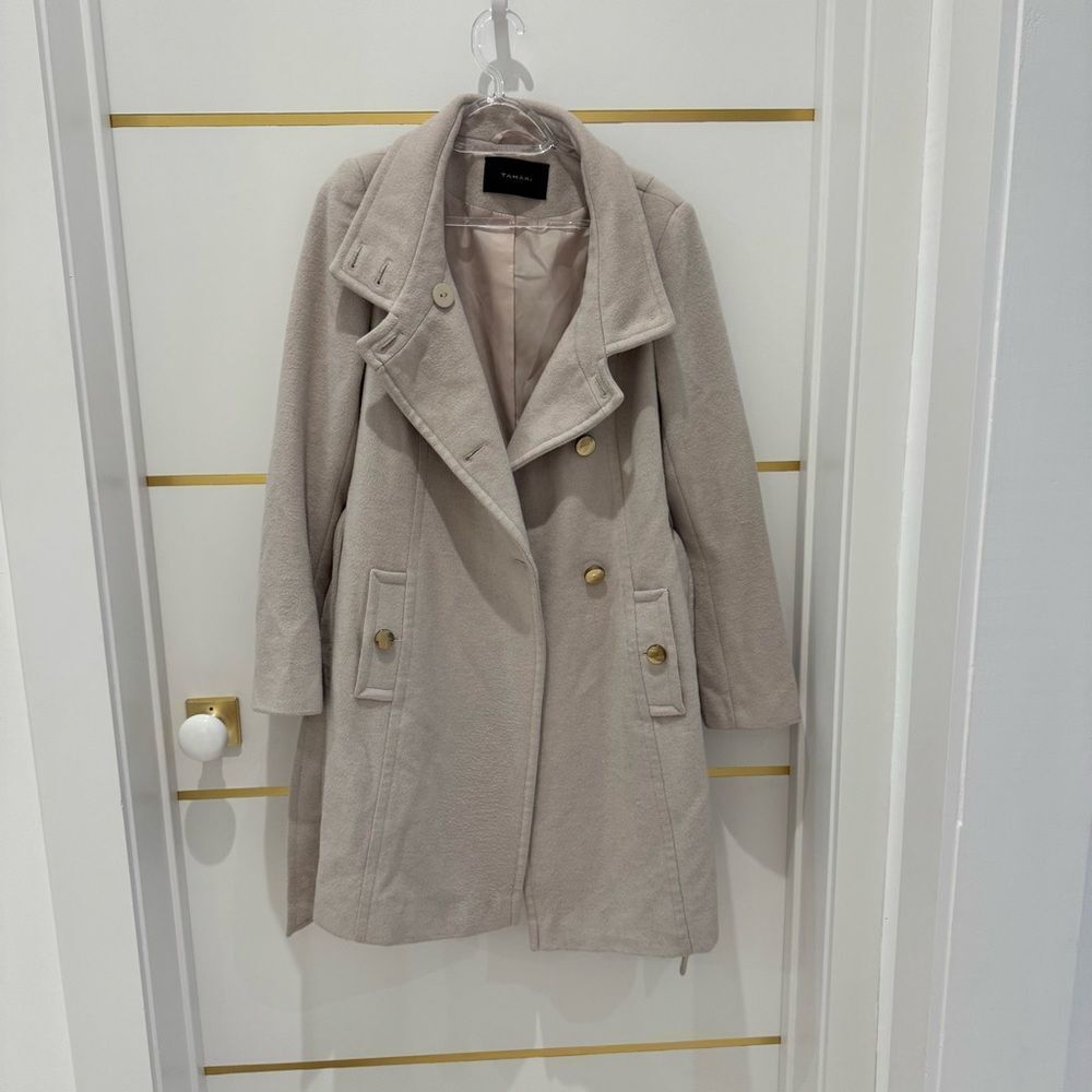 Tahari Wool Izzy coat cream neutral blush belted gold buttons 10 - Picture 9 of 16